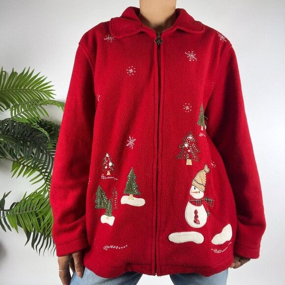 Vintage 90s Red Holiday Grandma Ugly Christmas Oversized Sweater Jacket / S - Picture 3 of 7